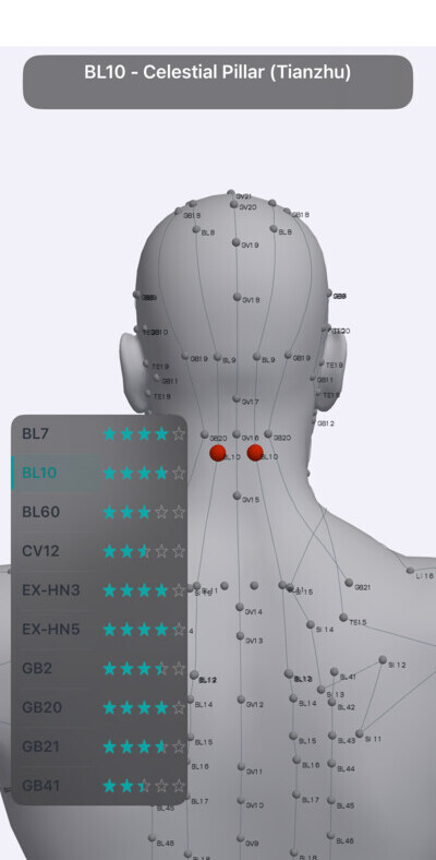 BL10 Celestial Pillar acupressure point on the upper neck in Massage Map 3D