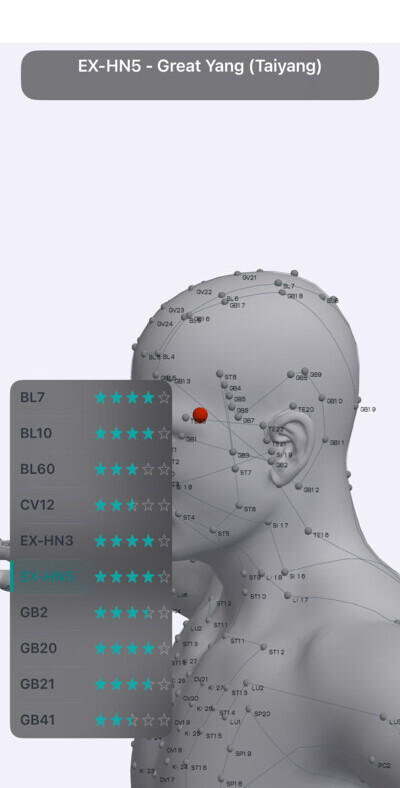 EX-HN5 Great Yang acupressure point at the temple in Massage Map 3D