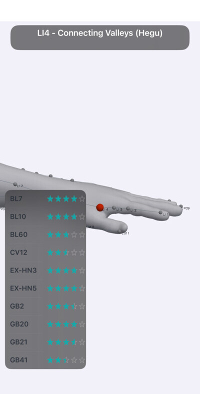 LI4 Hegu acupressure point on the hand in Massage Map 3D