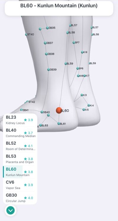 BL60 Kunlun Mountain acupressure point at the ankle in Massage Map 3D
