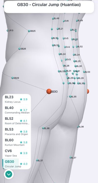 GB30 Circular Jump acupressure point on the buttock in Massage Map 3D